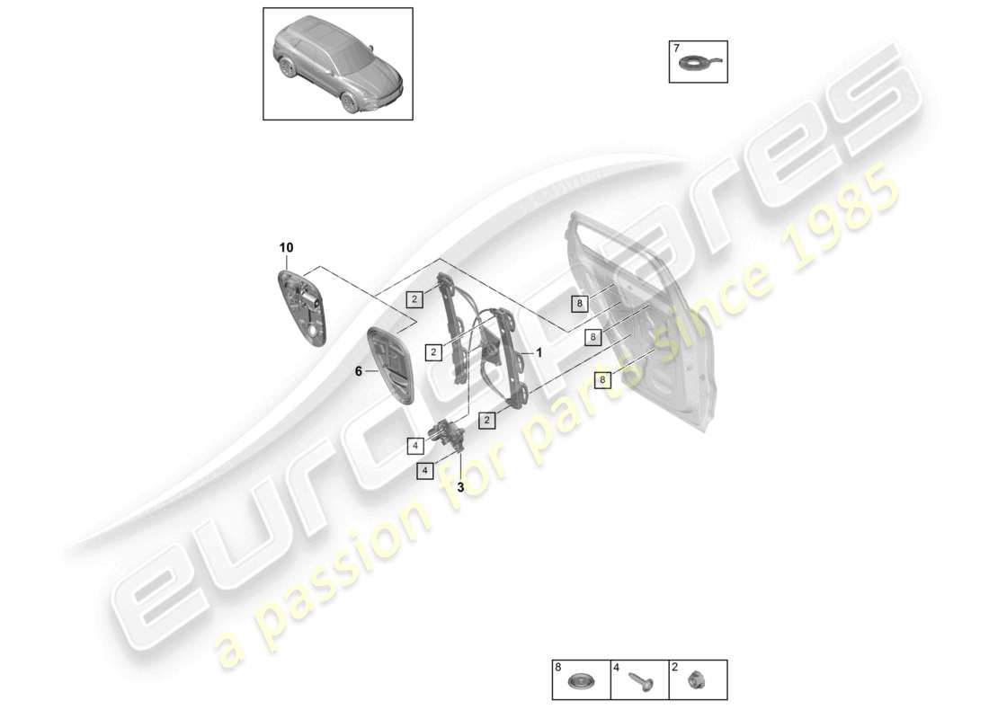 porsche 2022 (cayenne e3 9ya/9yb) schema dei componenti del supporto del gruppo del regolatore del finestrino posteriore