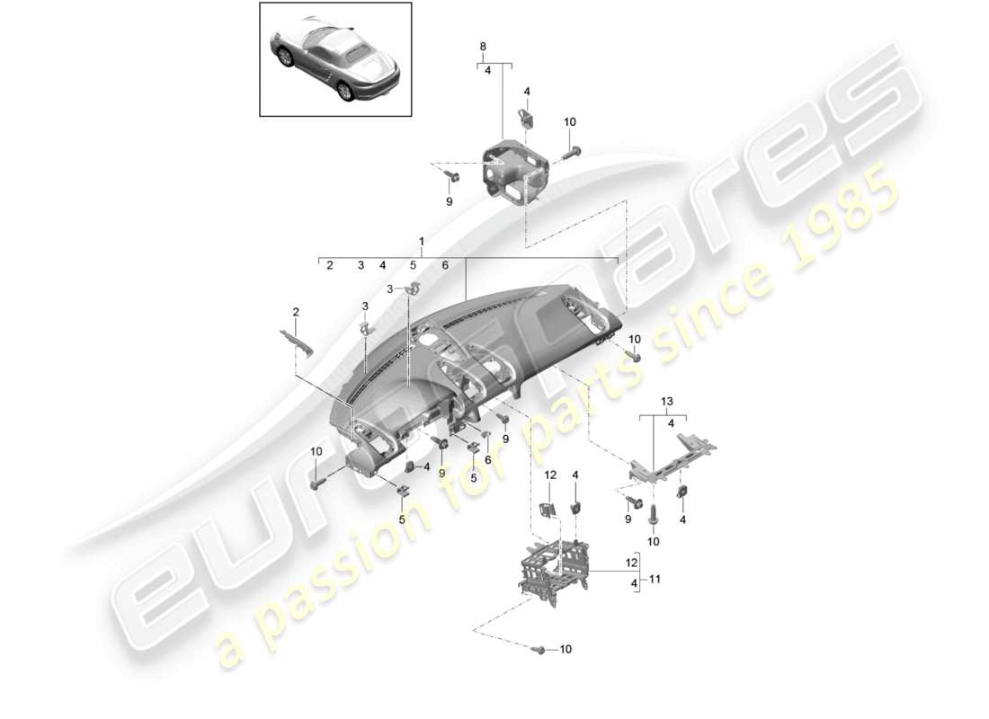 porsche 2025 (718 boxster) rivestimento del pannello strumenti parte superiore con: elementi di fissaggio diagramma delle parti