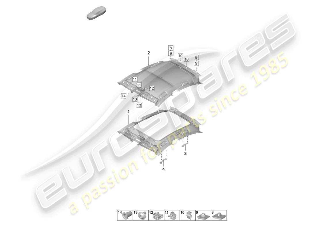 porsche 2020 (taycan 9j1-1) rivestimento del tetto rivestimento del padiglione stampato diagramma delle parti