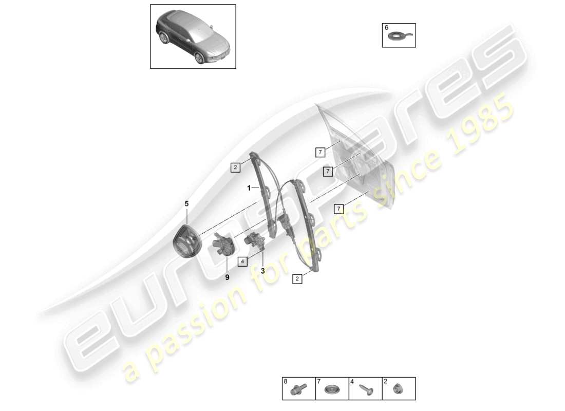 porsche 2022 (cayenne e3 9ya/9yb) schema dei componenti del supporto del gruppo alzacristalli anteriore