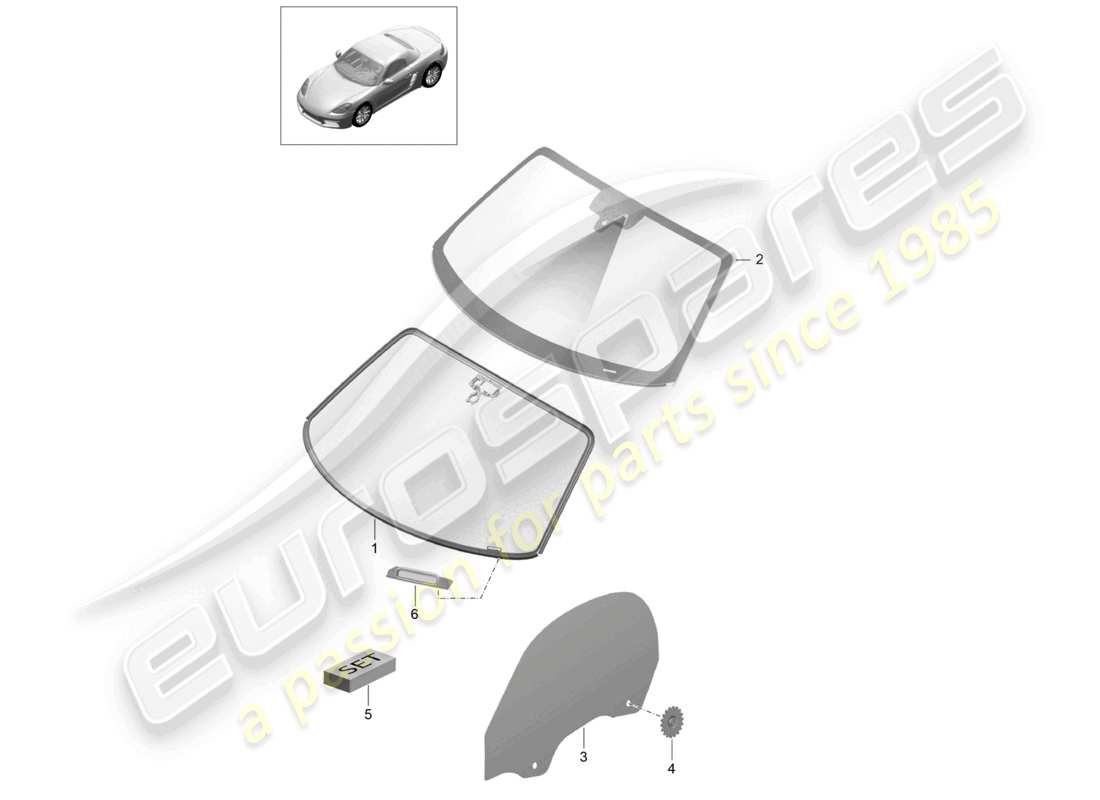 porsche 2024 (718 boxster) parabrezza finestrino laterale lunotto posteriore schema delle parti