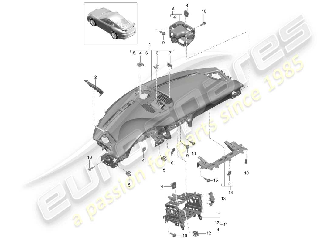 porsche 2021 (991-2 r/gt3/rs) rivestimento del pannello strumenti parte superiore elementi di fissaggio inclusi diagramma delle parti