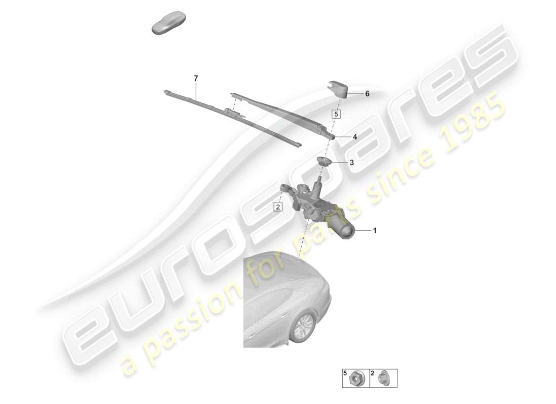 porsche 2024 (panamera 971-2) schema dei componenti del sistema tergicristallo e rondella per il lunotto posteriore