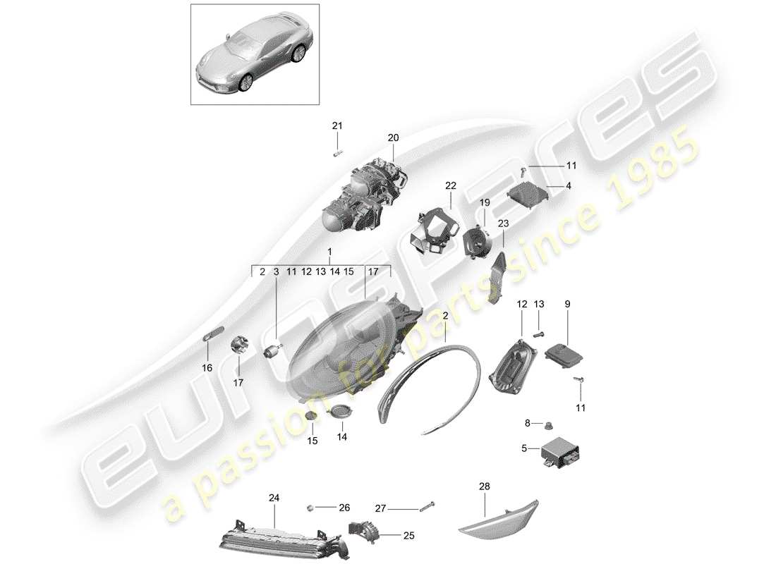 porsche 991 turbo (2018) diagramma delle parti del faro