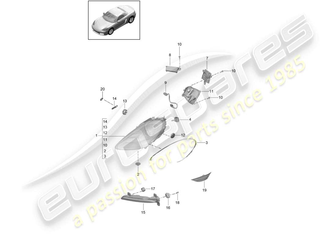 porsche 2024 (718 boxster) fari anteriori faro supplementare indicatore di direzione luce di posizione laterale ripetitore di direzione schema delle parti