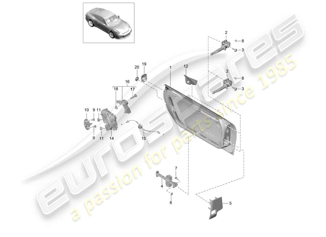 porsche 2021 (991-2 r/gt3/rs) schema delle parti della serratura della porta