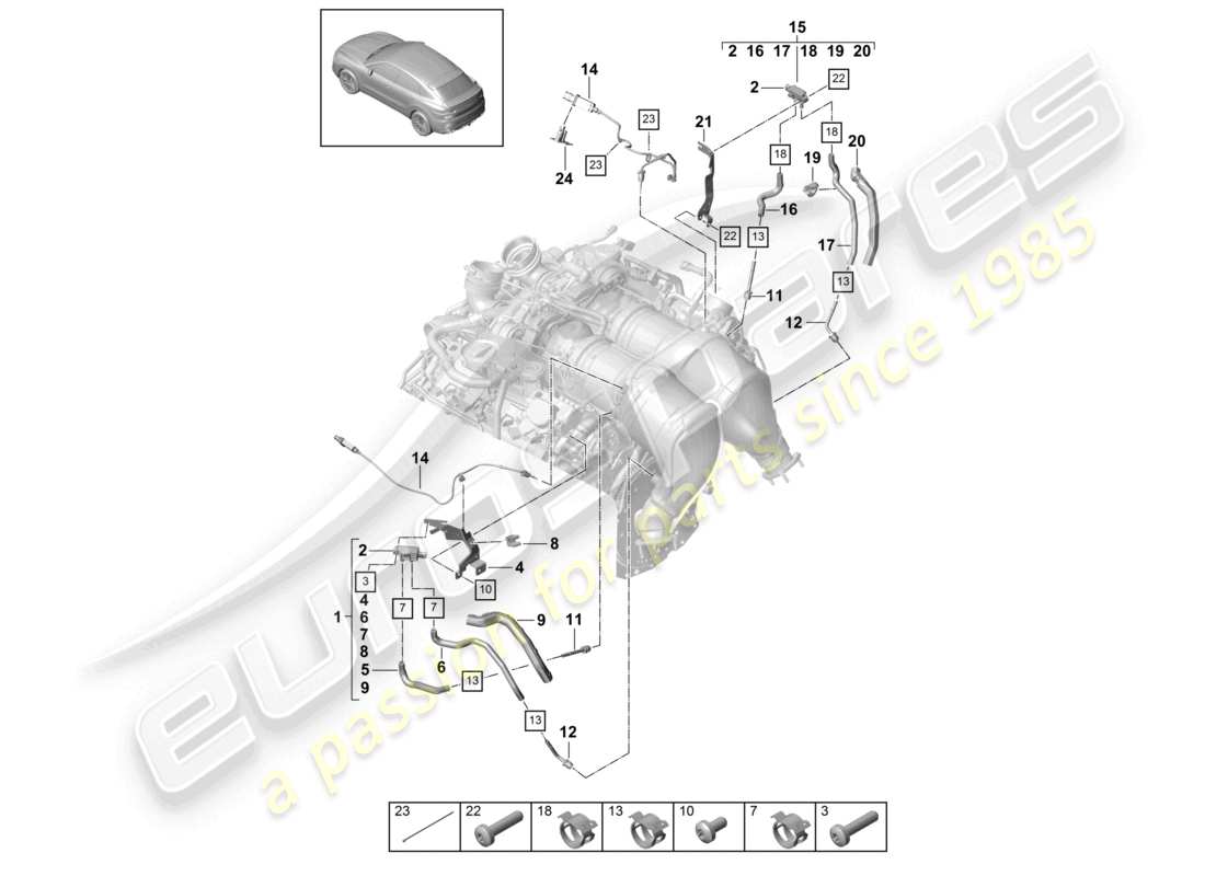 porsche 2024 (cayenne e3 9ya/9yb) linea di controllo per sensore di differenza di pressione trasmettitore della temperatura dei gas di scarico diagramma delle parti