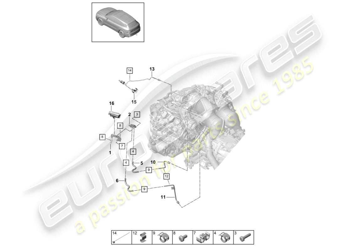 porsche 2022 (cayenne e3 9ya/9yb) linea di controllo con sensore di differenza di pressione sensore di temperatura dei gas di scarico schema delle parti