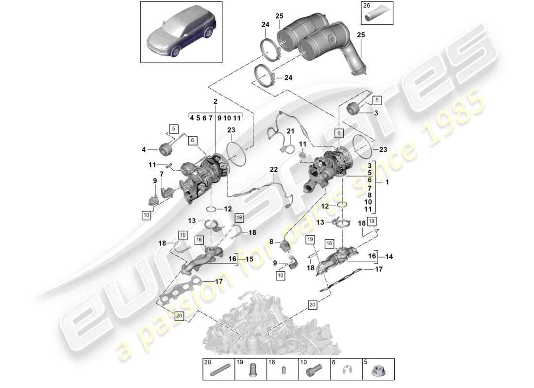 porsche 2022 (cayenne e3 9ya/9yb) turbocompressore a gas di scarico collettori di scarico sonda lambda schema delle parti