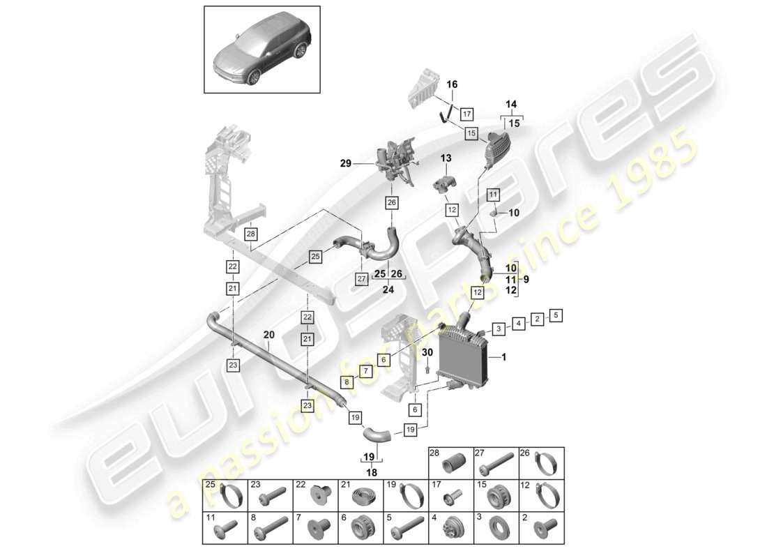 porsche 2024 (cayenne e3 9ya/9yb) schema delle parti del tubo flessibile di pressione del refrigeratore dell'aria di sovralimentazione