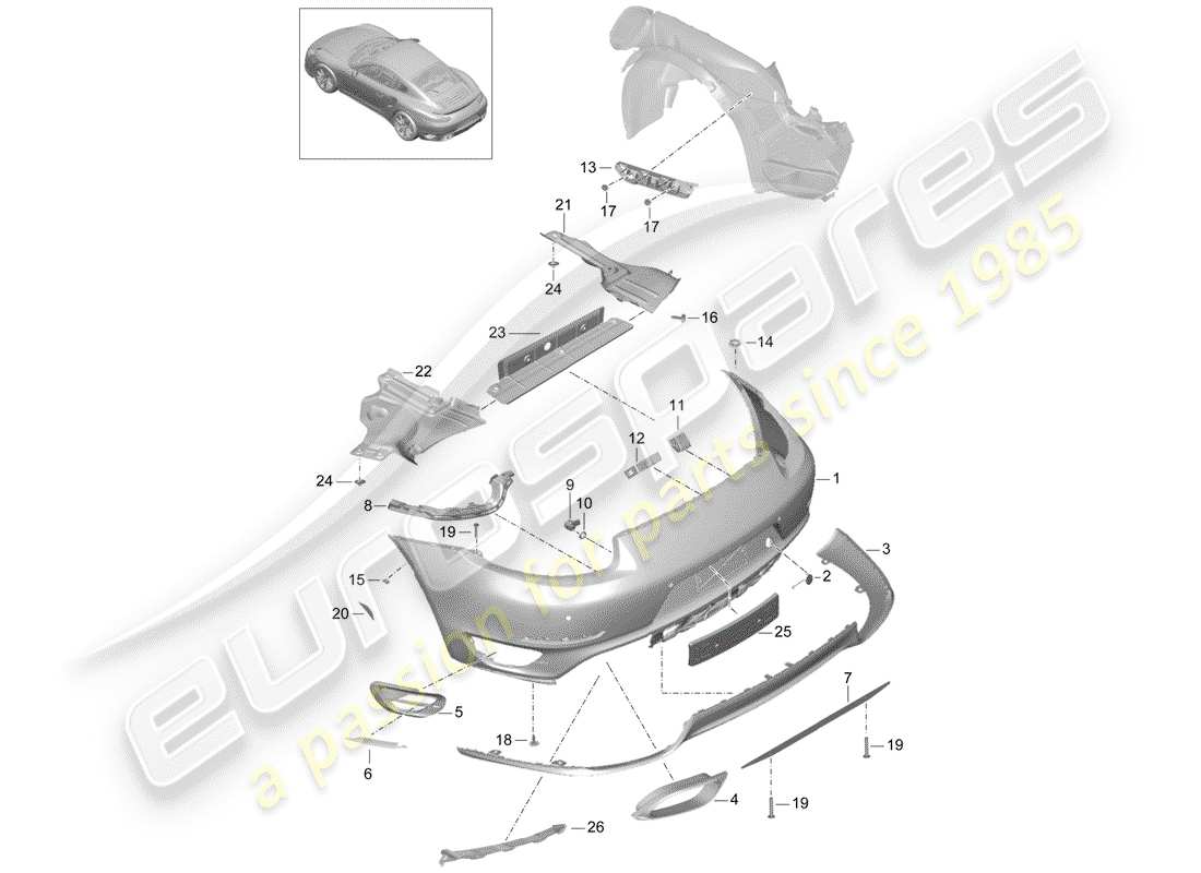 porsche 991 turbo (2018) diagramma delle parti del paraurti