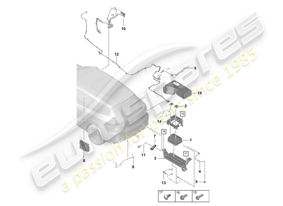 porsche 2023 (cayenne e3 9ya/9yb) diagramma delle parti della batteria 48 volt