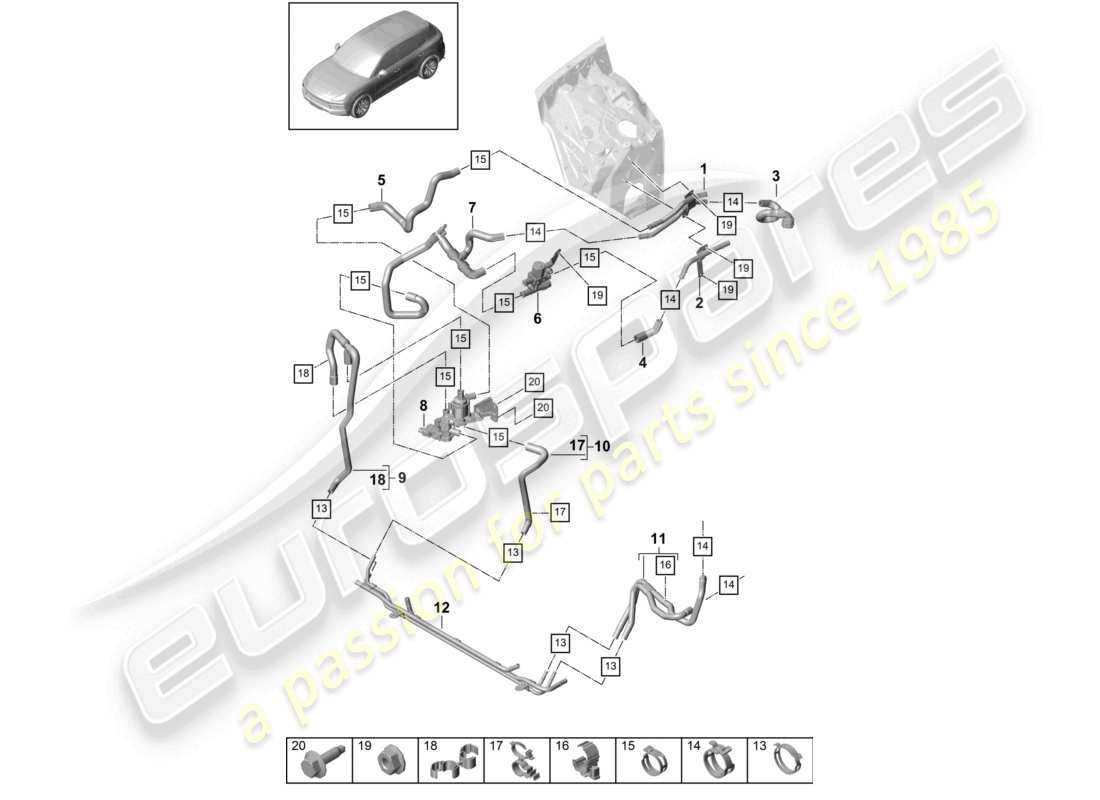 porsche 2023 (cayenne e3 9ya/9yb) riscaldatore v8 circuito ad alta temperatura anteriore per veicoli con trazione ibrida schema dei componenti