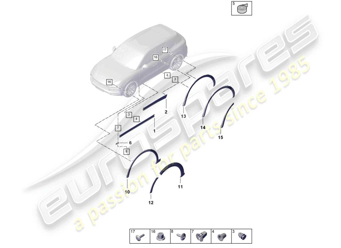 porsche 2023 (cayenne e3 9ya/9yb) schema delle parti esterne della copertura del passaruota inferiore della coupé