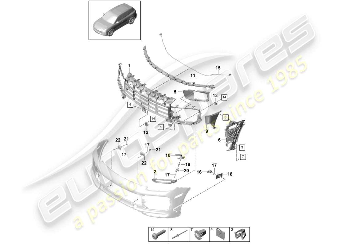 porsche 2023 (cayenne e3 9ya/9yb) paraurti turbo parti singole e diagramma delle parti di fissaggio