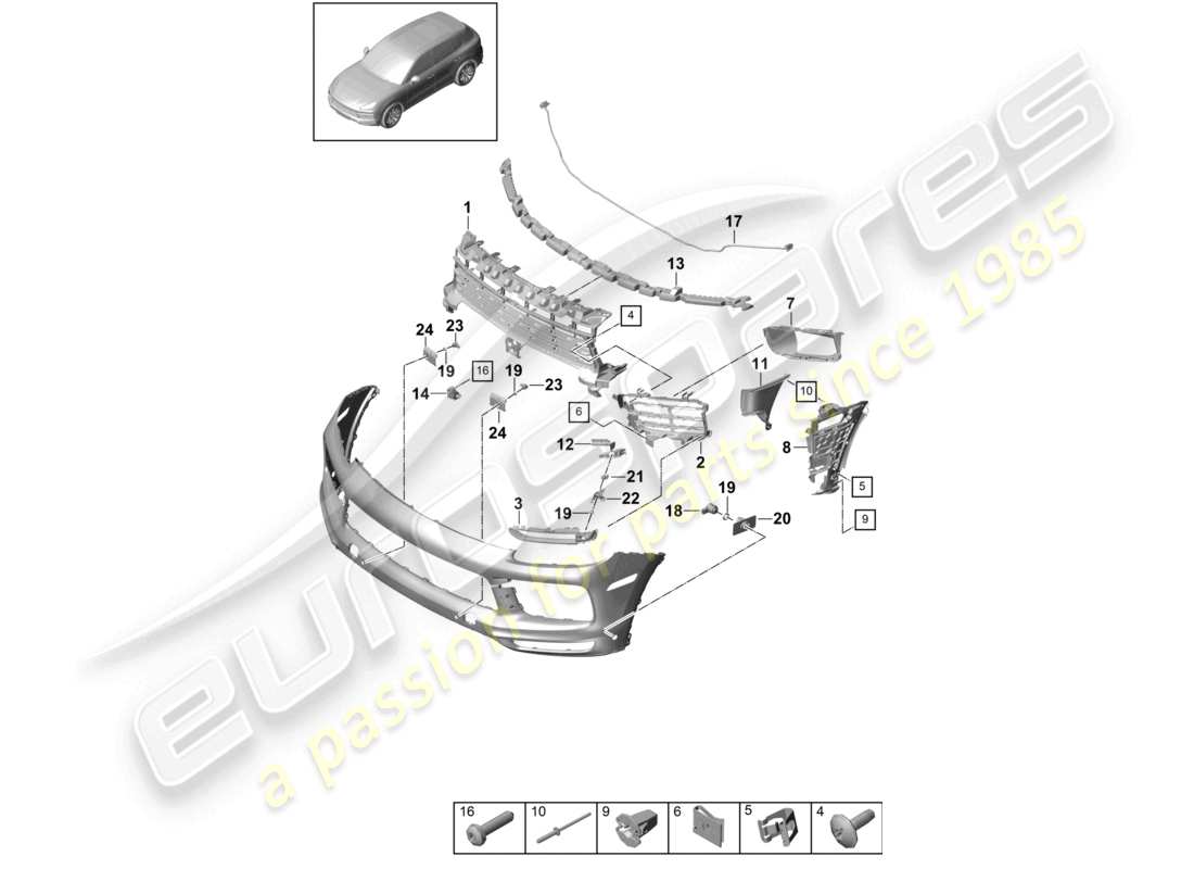 porsche 2023 (cayenne e3 9ya/9yb) paraurti parti singole e diagramma delle parti di fissaggio