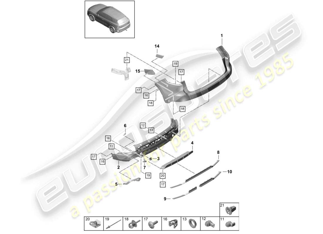 porsche 2022 (cayenne e3 9ya/9yb) paraurti posteriore pacchetto sport design schema base delle parti
