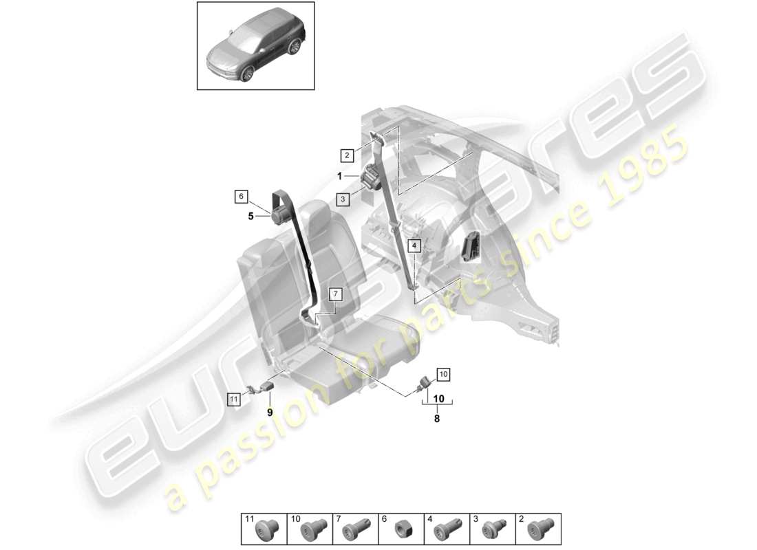 porsche 2022 (cayenne e3 9ya/9yb) cintura di sicurezza a tre punti posteriore chiusura della cintura diagramma delle parti