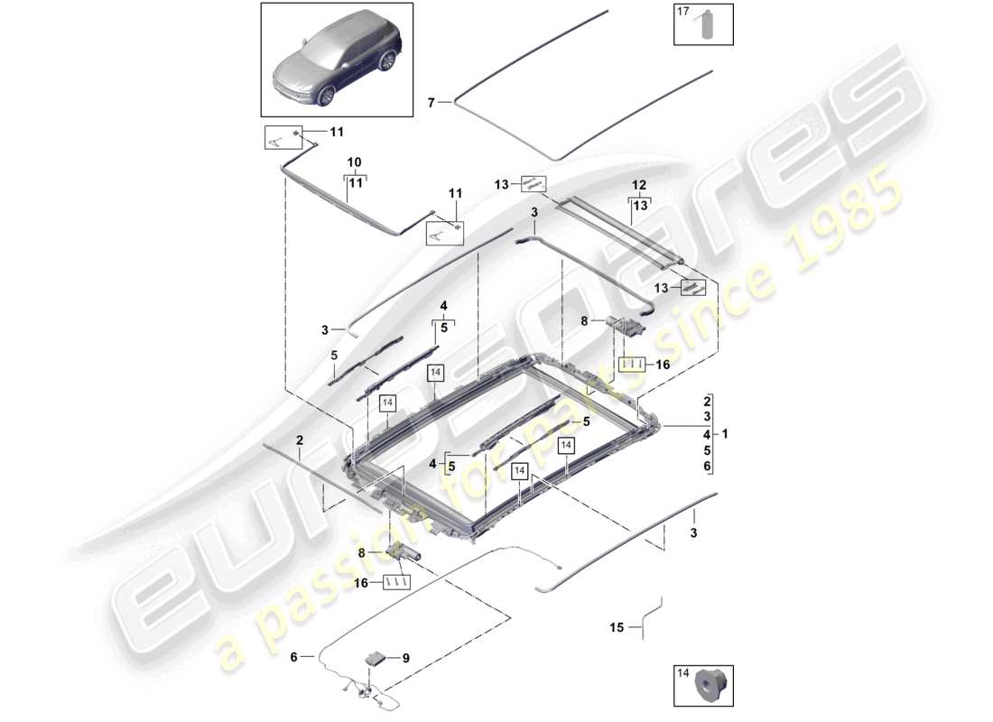 porsche 2024 (cayenne e3 9ya/9yb) schema delle parti degli accessori del telaio del tetto in vetro