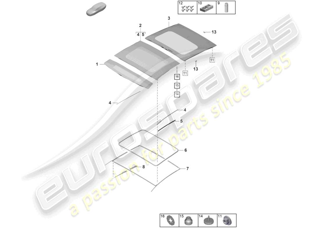 porsche 2025 (panamera 976) schema delle parti degli accessori del tetto scorrevole in vetro