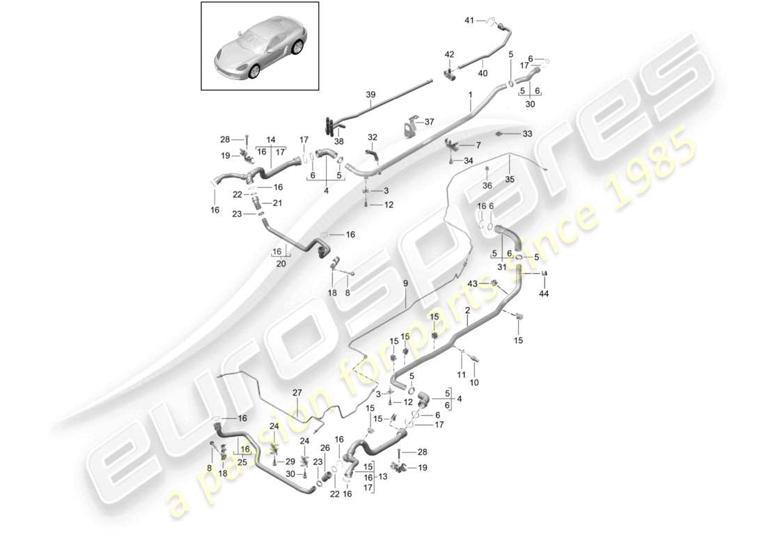 porsche 2022 (718 cayman) sistema di raffreddamento del liquido di raffreddamento 1 tubo del liquido di raffreddamento linea di sfiato schema delle parti