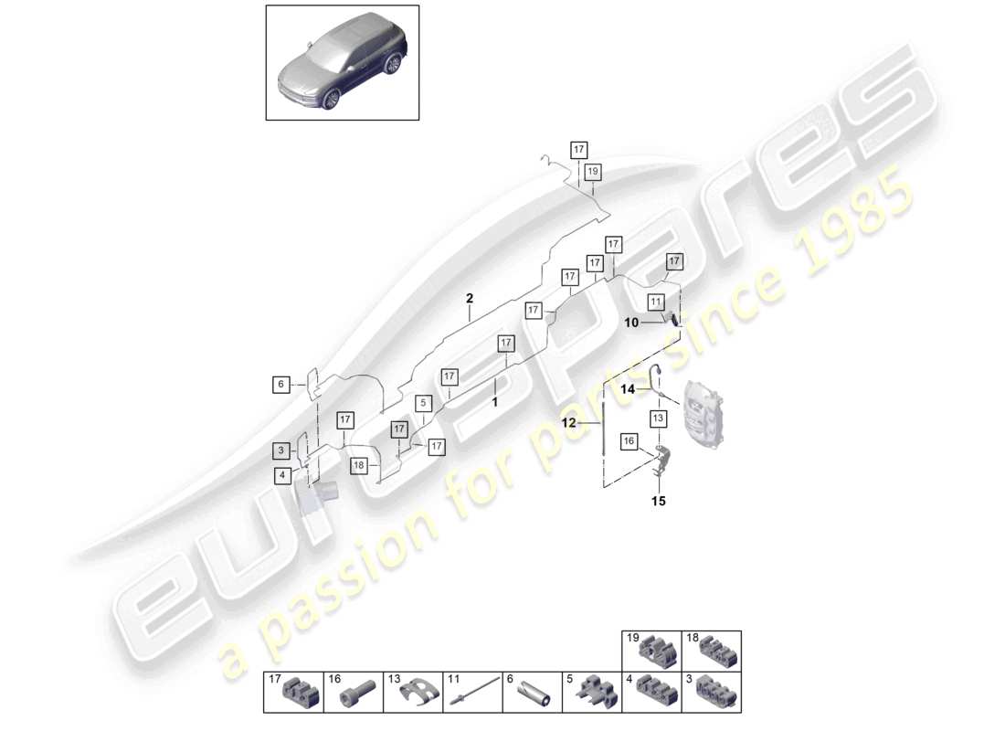 porsche 2023 (cayenne e3 9ya/9yb) schema delle parti del sottoscocca e dell'assale posteriore della linea dei freni