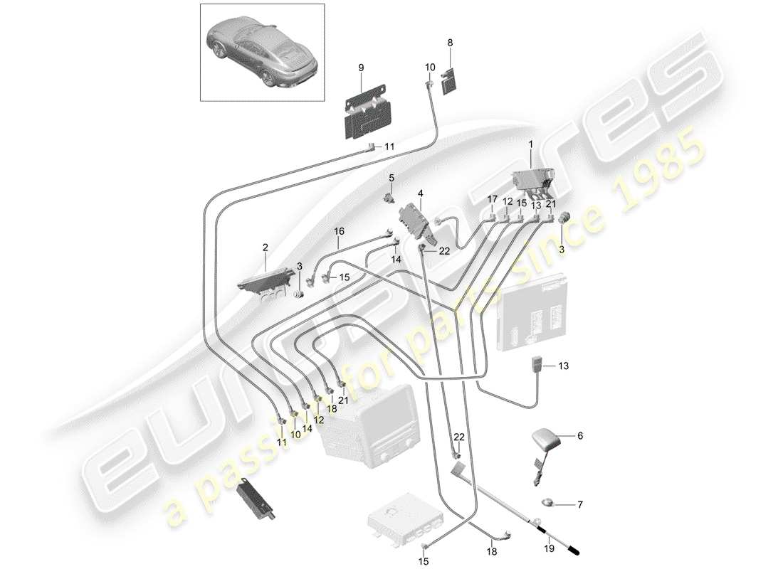 porsche 991 turbo (2018) diagramma delle parti del ripetitore d'antenna