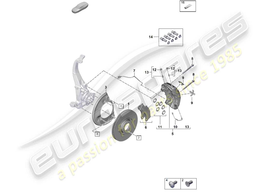 porsche 2020 (taycan 9j1-1) freno a disco 19 assale anteriore giallo/nero diagramma delle parti