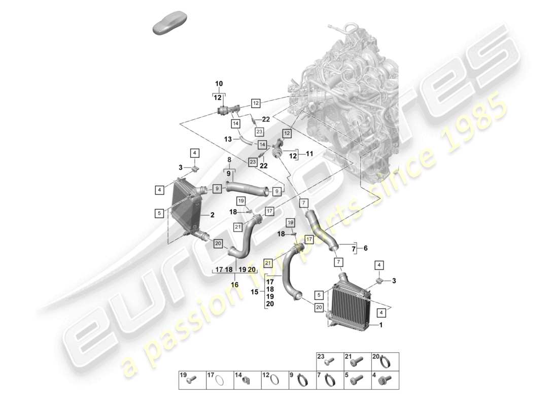porsche 2021 (panamera 971-2) schema delle parti del tubo di pressione del refrigeratore dell'aria di sovralimentazione