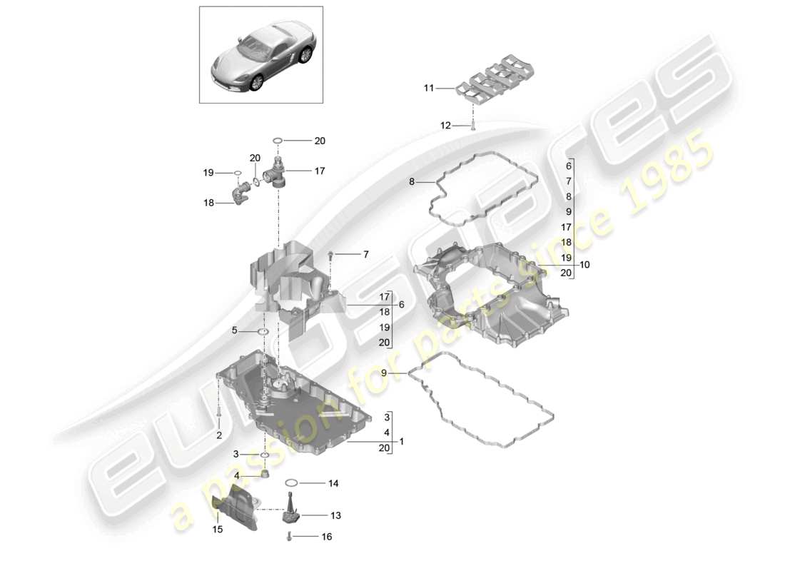 porsche 2025 (718 boxster) schema delle parti della coppa dell'olio del motore (olio press./lubr.)