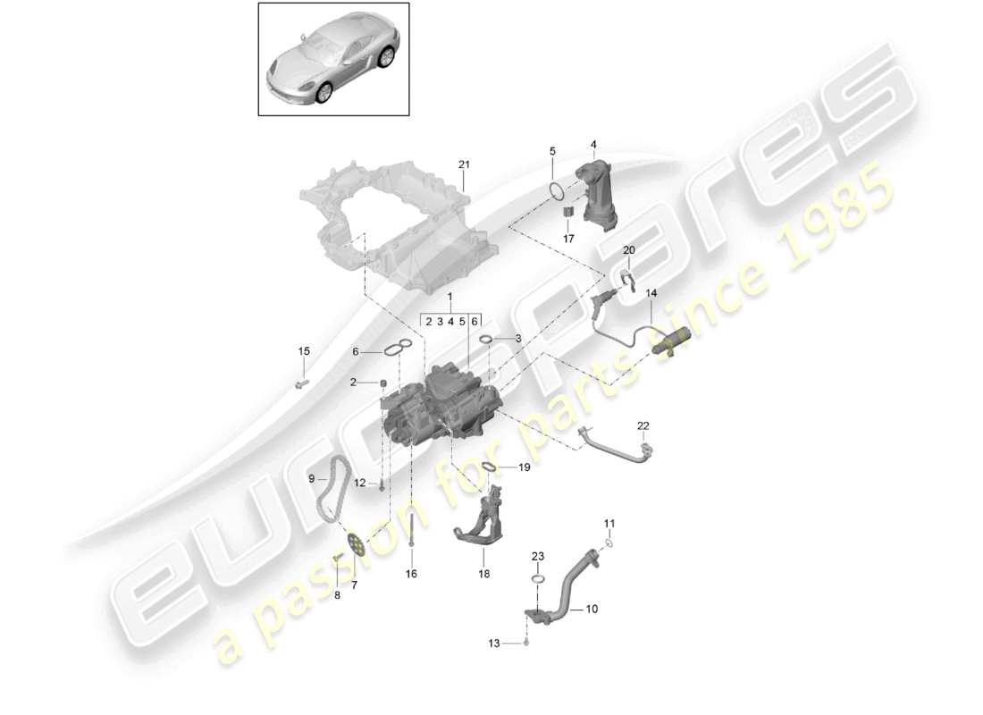porsche 2021 (718 cayman) diagramma delle parti della pompa dell'olio del motore (press./lubr. dell'olio)