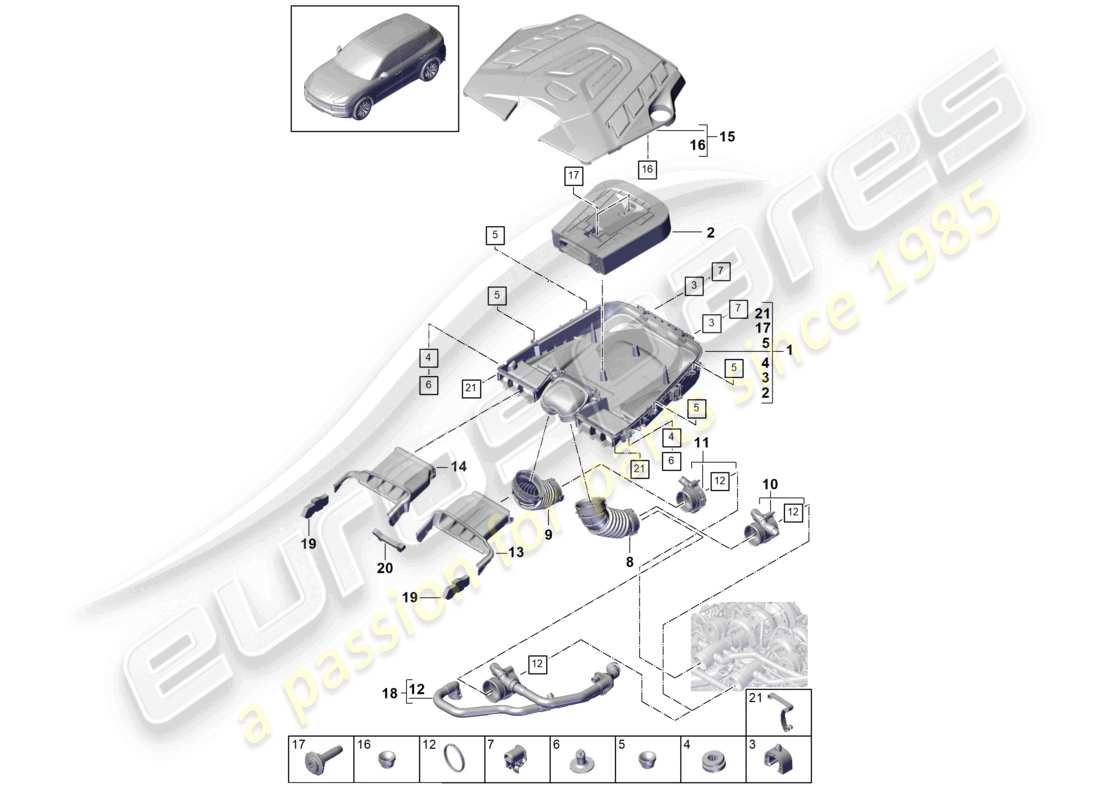 porsche 2024 (cayenne e3 9ya/9yb) filtro dell'aria con parti di collegamento coperchio motore schema delle parti