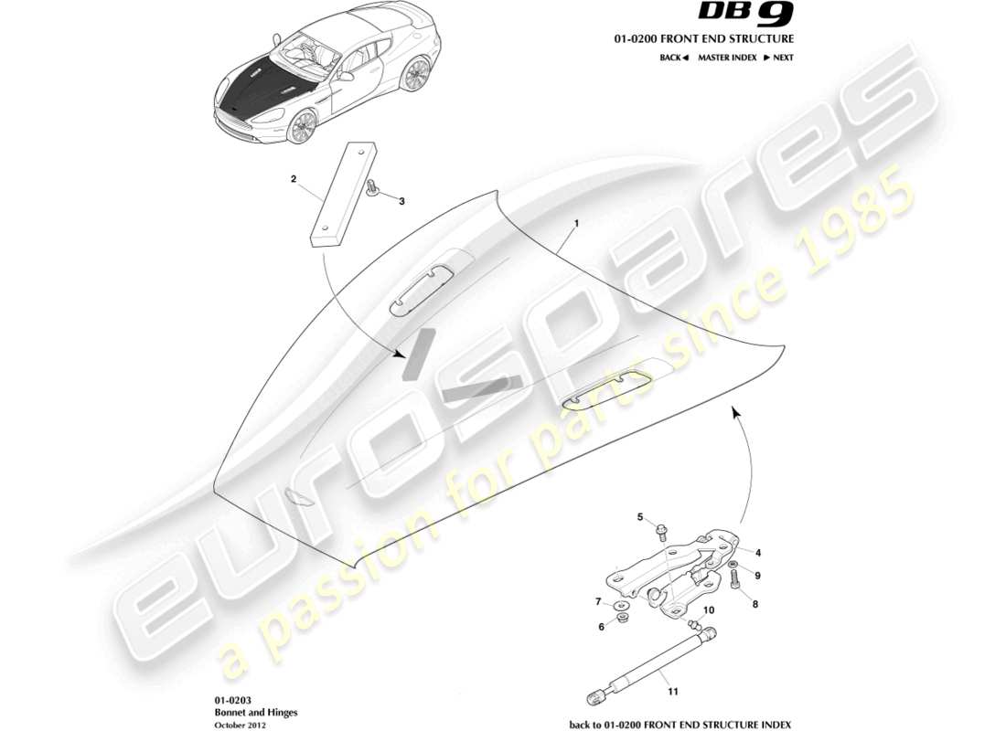 aston martin db9 (2016) diagramma delle parti del cofano e delle cerniere