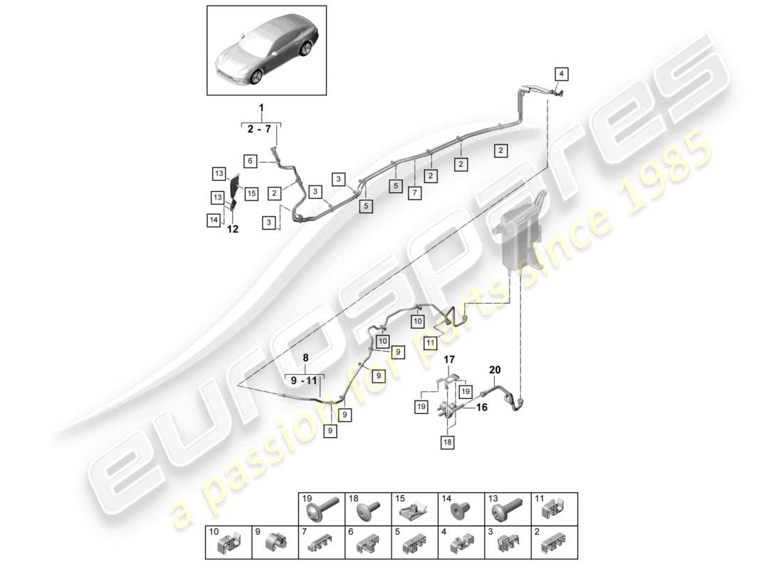 porsche 2021 (panamera 971-1) linea del carburante sottoscocca diagramma delle parti