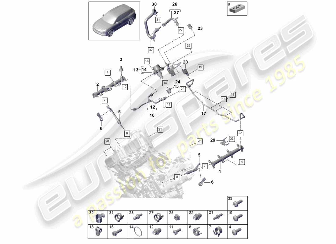 porsche 2024 (cayenne e3 9ya/9yb) schema elettrico della pompa ad alta pressione dell'iniettore ad alta pressione del tubo di raccolta del carburante