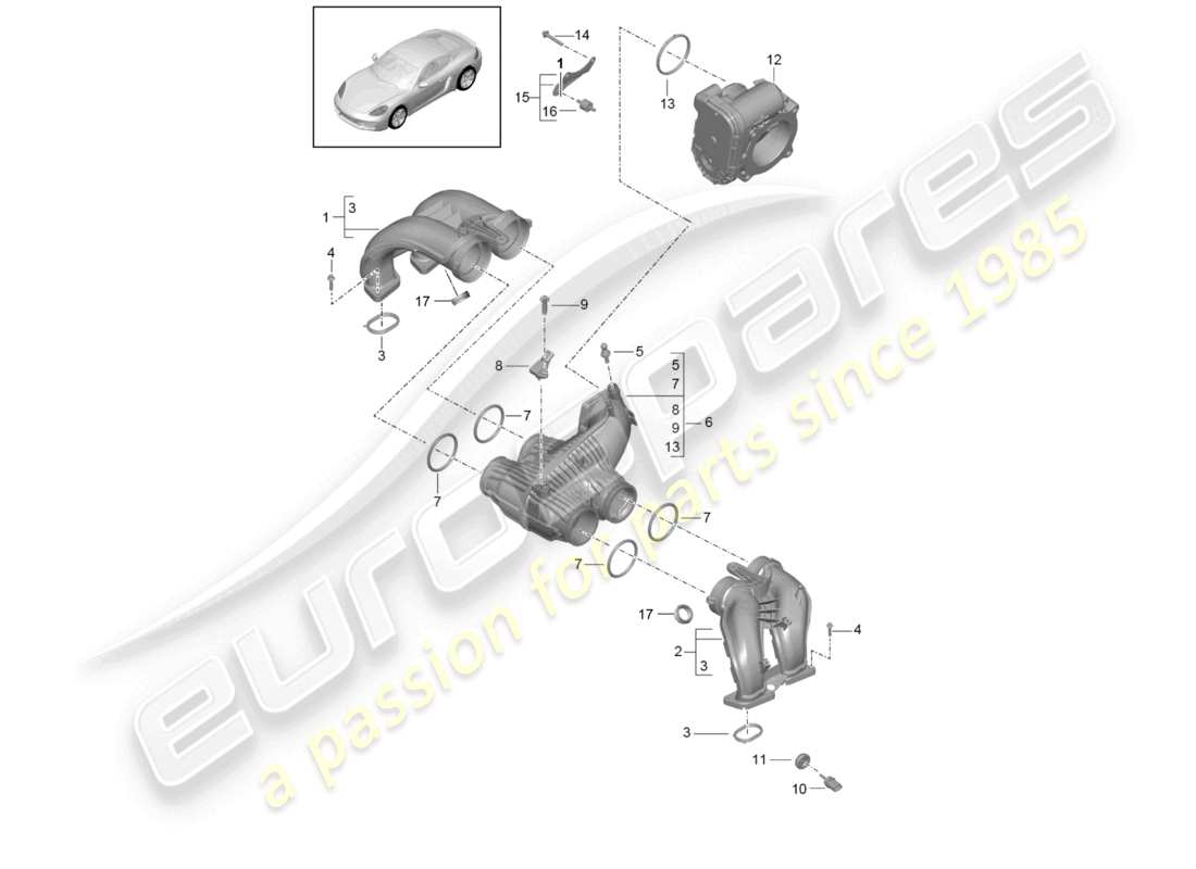 porsche 2021 (718 cayman) adattatore valvola a farfalla distributore aria di aspirazione diagramma delle parti