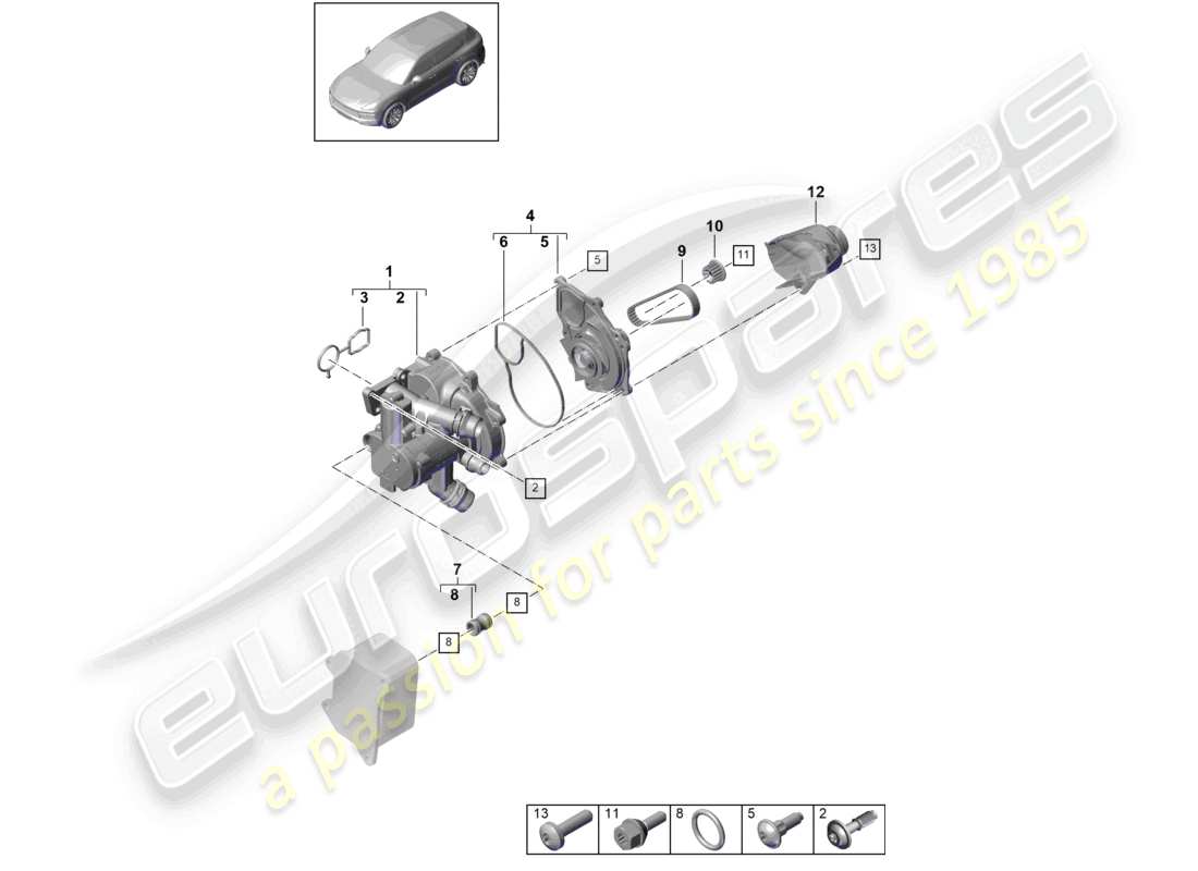 porsche 2024 (cayenne e3 9ya/9yb) regolatore del liquido di raffreddamento pompa del liquido di raffreddamento connettore di raccordo schema delle parti