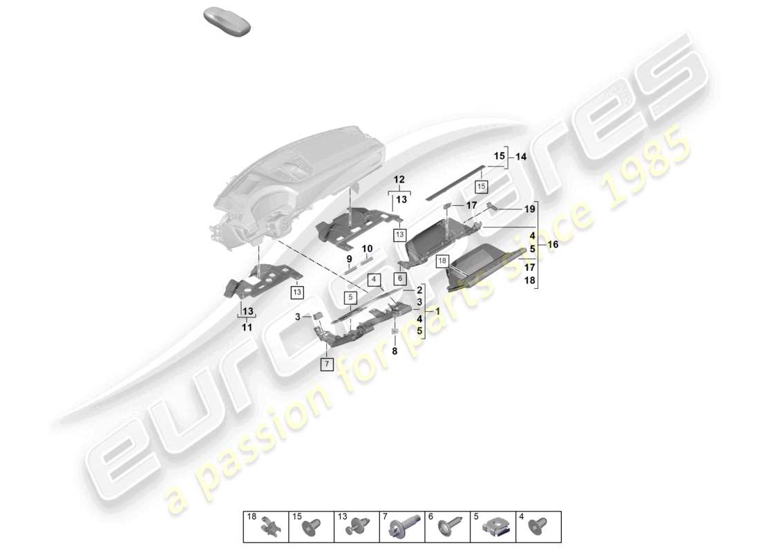 porsche 2026 (panamera 976) diagramma delle parti inferiori del fissaggio del pannello del cruscotto