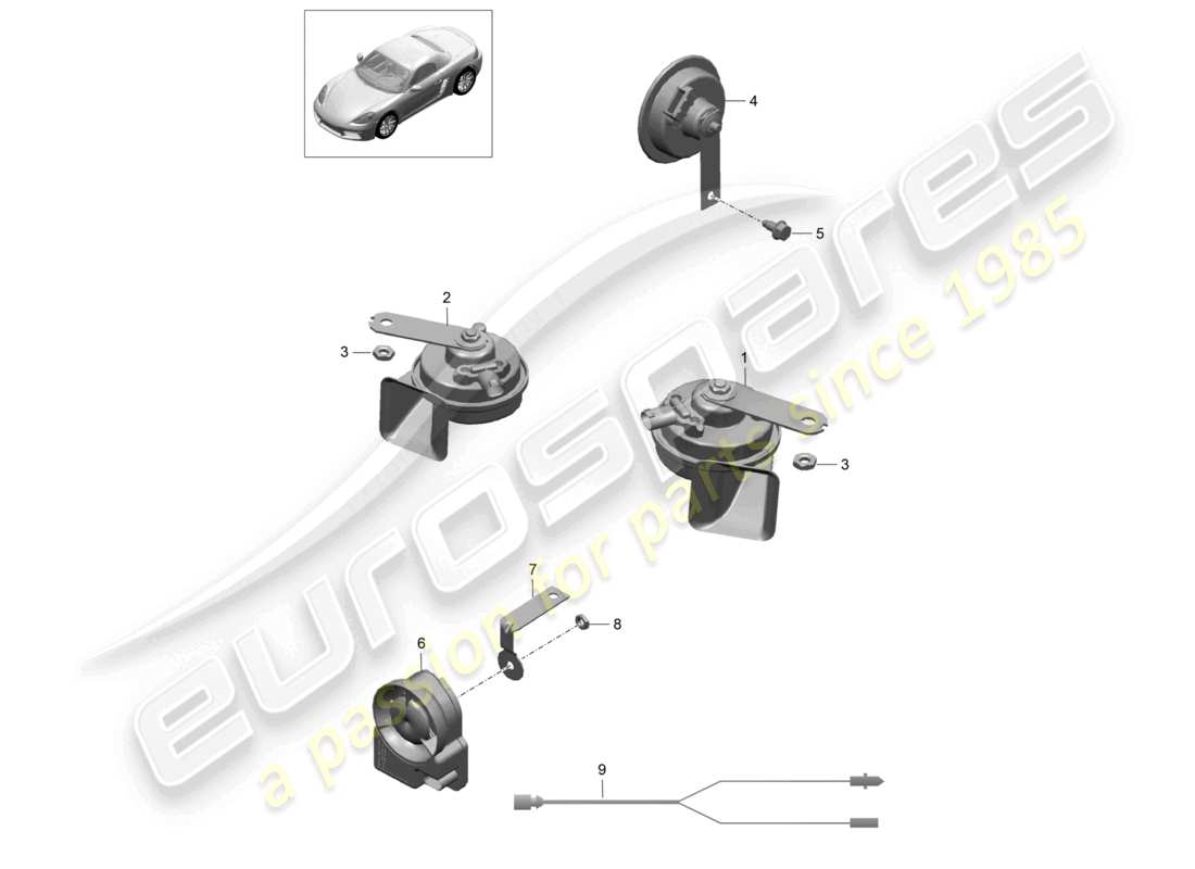porsche 2026 (718 boxster) schema delle parti del sistema di allarme con sirena di segnalazione fanfare