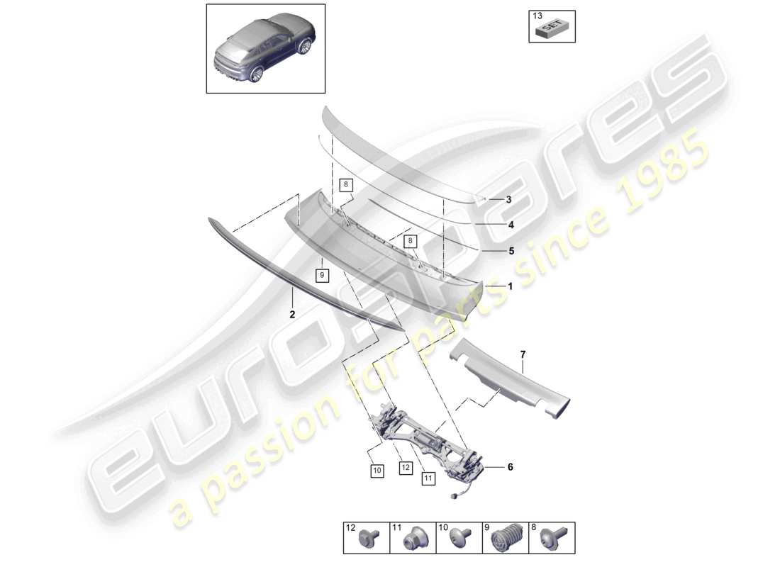 porsche 2022 (cayenne e3 9ya/9yb) schema delle parti dello spoiler posteriore turbo gt coupe gt