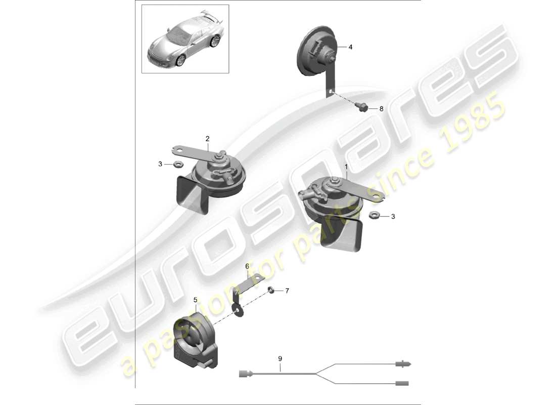 porsche 2021 (991-2 r/gt3/rs) schema delle parti del sistema di allarme con sirena di segnalazione fanfare