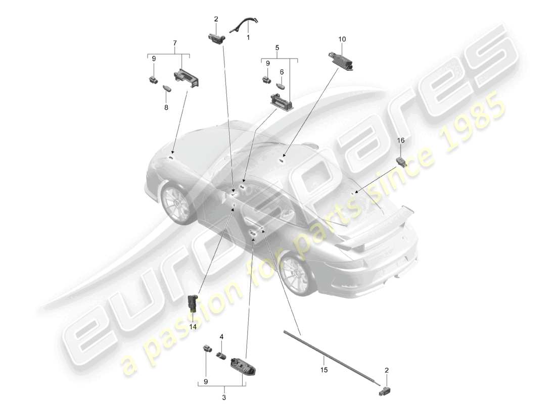 porsche 2021 (991-2 r/gt3/rs) illuminazione interna spia di segnalazione portiera luce vano piedi luce vano bagagli luce vano portaoggetti luce specchietto retrovisore esterno schema delle parti