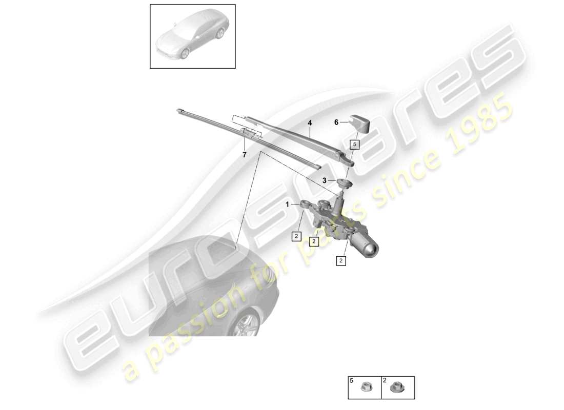 porsche 2021 (panamera 971-1) schema dei componenti del sistema tergicristallo e rondella per il lunotto posteriore