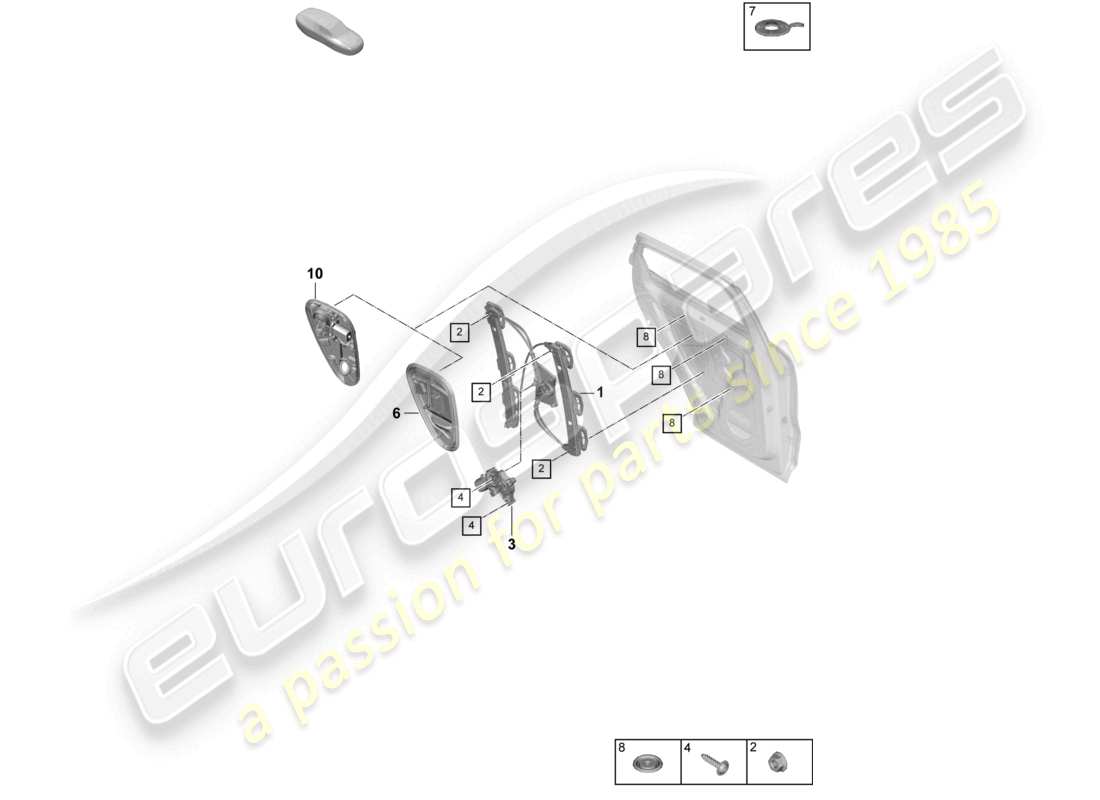 porsche 2026 (cayenne e3 pa) schema dei componenti del supporto del gruppo del regolatore del finestrino posteriore