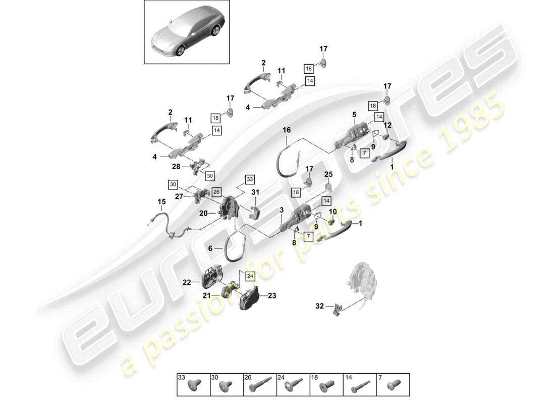 porsche 2021 (panamera 971-1) maniglia della porta, anteriore e posteriore esterna schema delle parti della serratura della porta