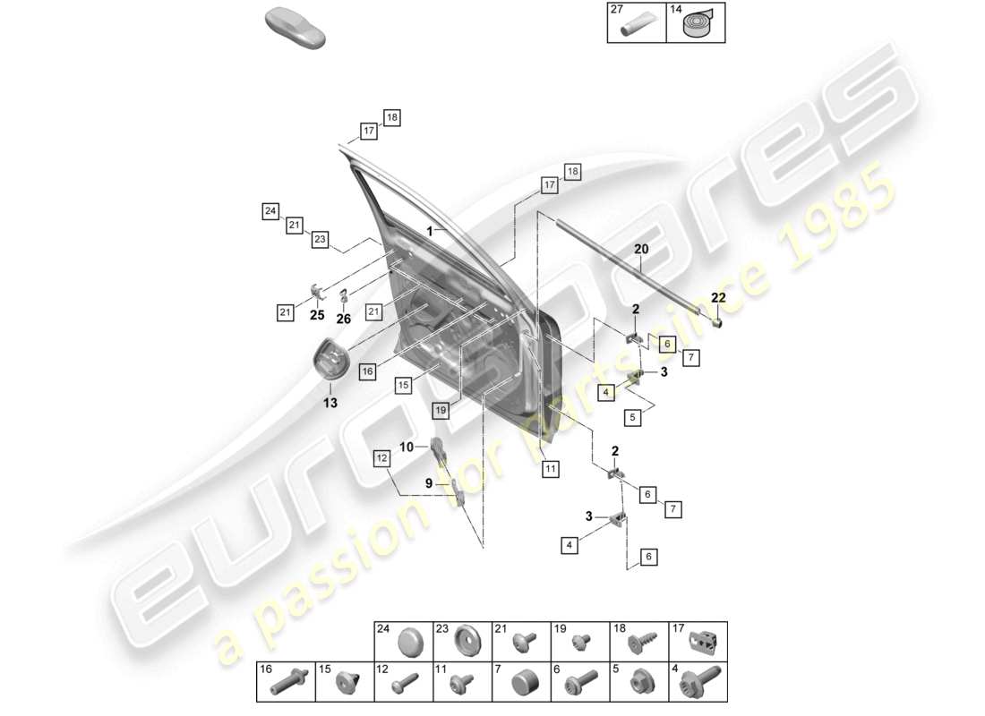 porsche 2025 (cayenne e3 pa) schema delle parti degli accessori anteriori della scocca della porta