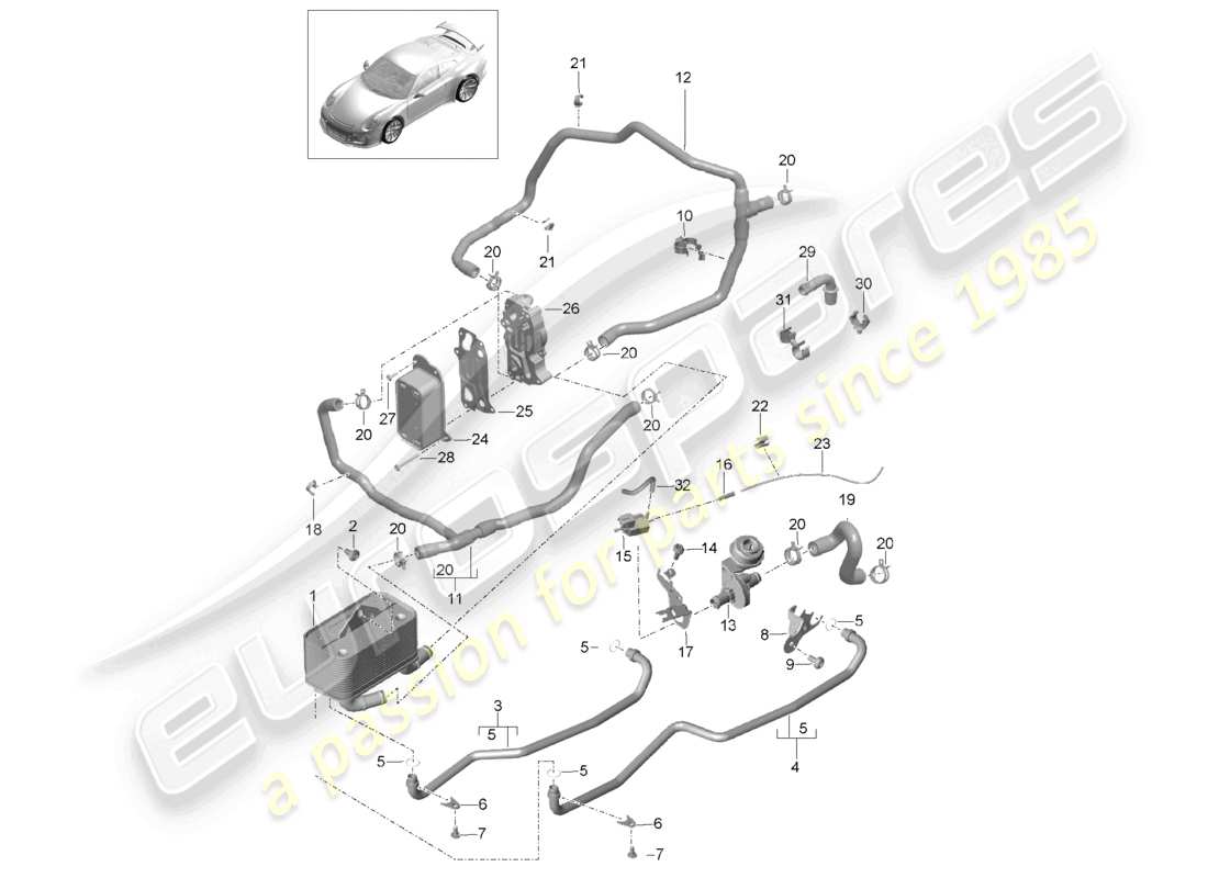 porsche 2021 (991-2 r/gt3/rs) - pdk - tubo dell'olio dello scambiatore di calore del cambio tubo dell'acqua diagramma delle parti