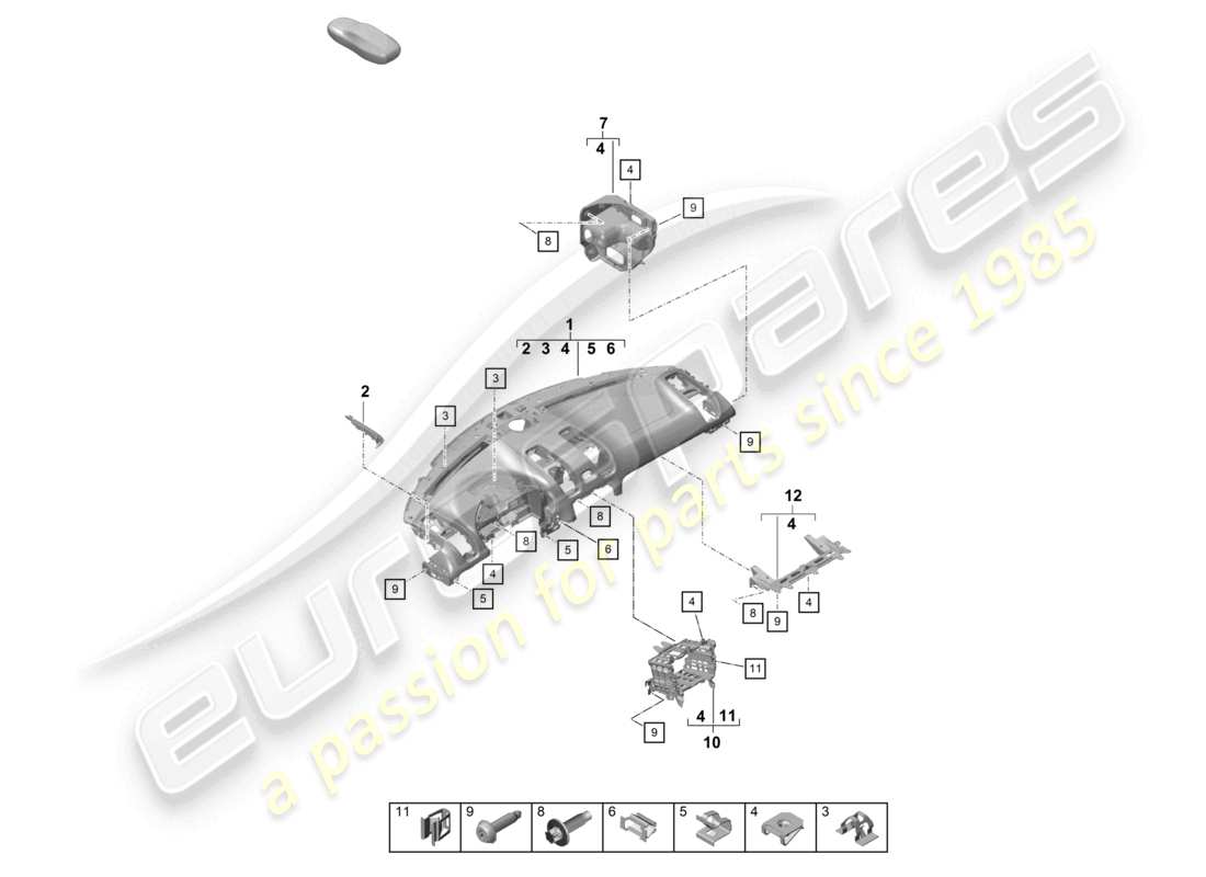 porsche 2021 (718 cayman gt4) rivestimento del pannello strumenti parte superiore con: elementi di fissaggio diagramma delle parti
