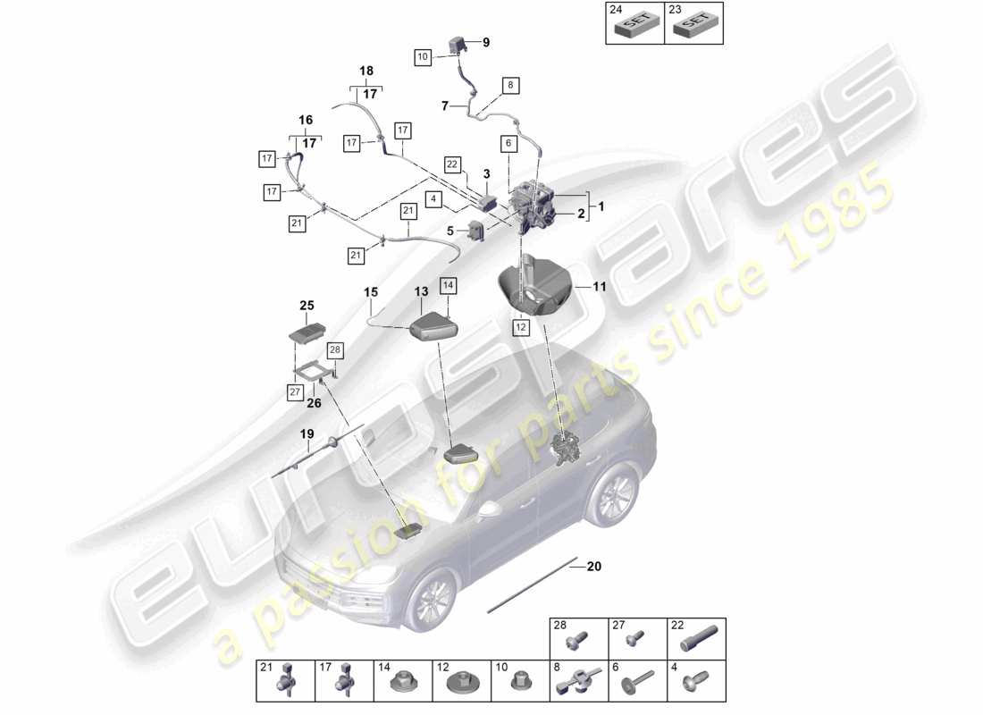 porsche 2025 (cayenne e3 pa) sospensioni pneumatiche unità di alimentazione dell'aria accumulatore di pressione unità di controllo per smorzamento regolato elettronicamente schema dei componenti