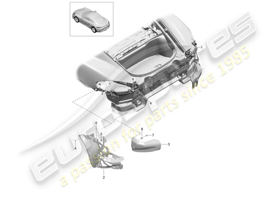 porsche 2023 (718 cayman) diagramma delle parti del paraurti posteriore di fissaggio